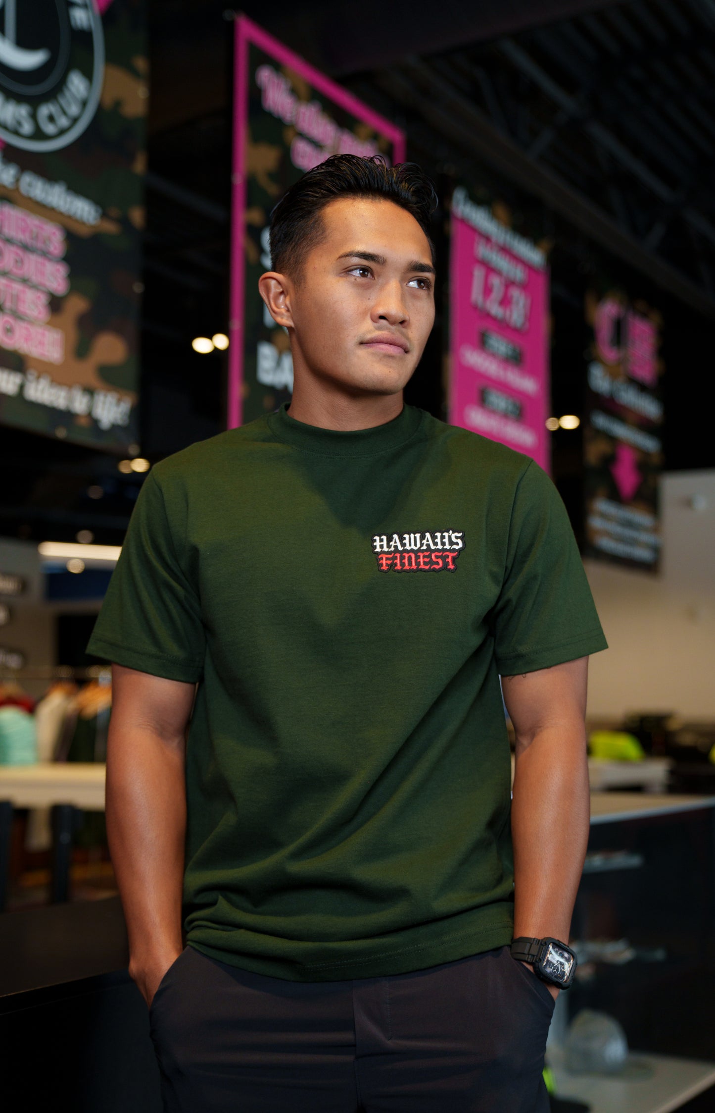 Hawaii's Finest Old English Patch T-Shirt - Forest/Red&White